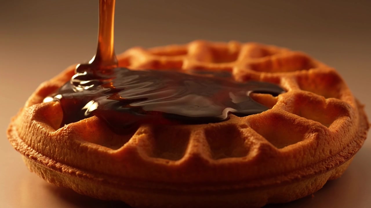 Xarope de Bordo Sendo Derramado Sobre um Waffle Dourado Fresco