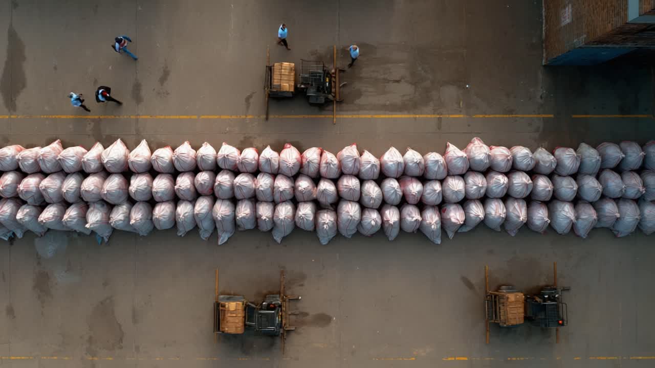 Aerial View of Abundant Lined Cargo Bags at a Shipping Facility with Workers and Forklifts Organized Alongside for Efficient Transportation and Management of Goods
