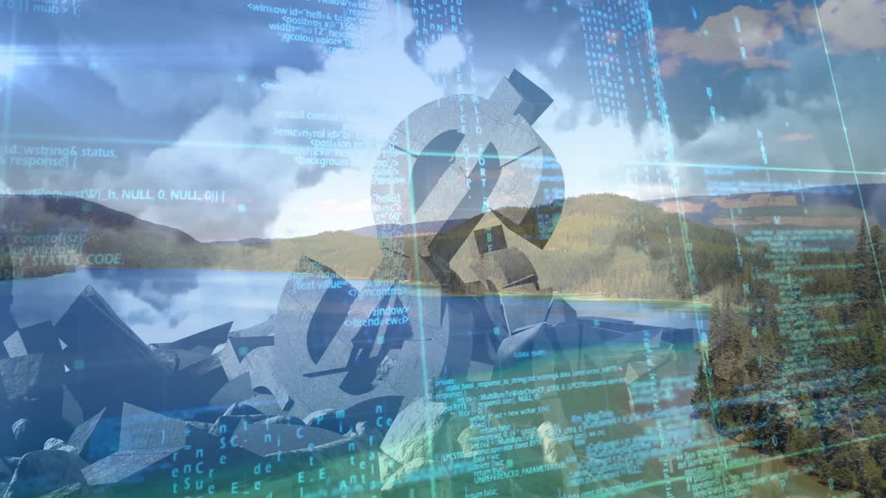 Animation of recycling symbol overlaying digital data with scenic lake background