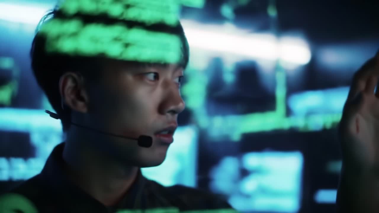 A focused individual interacts with digital holographic displays, analyzing complex data patterns in a high-tech environment filled with green luminescent code