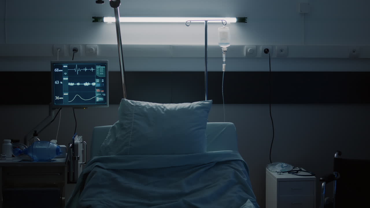 Nobody in hospital bed at clinical ward on modern floor