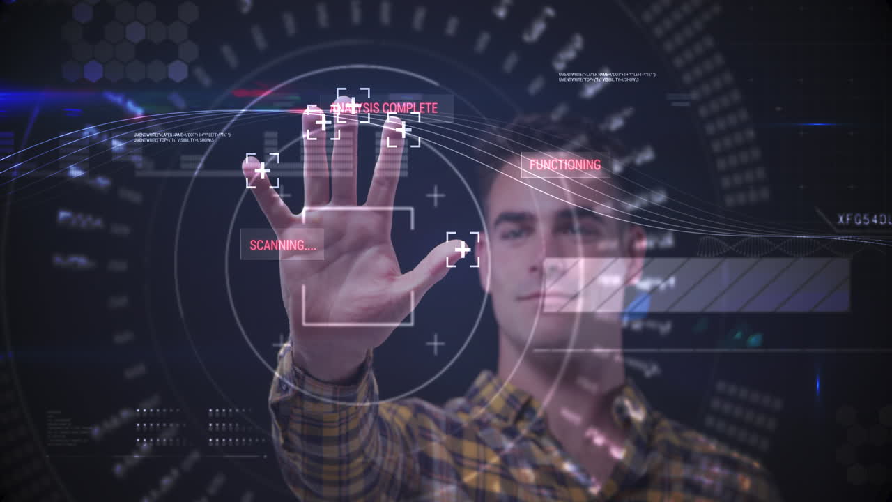 animación de un hombre tocando una pantalla interactiva con procesamiento de datos y escaneo de alcance