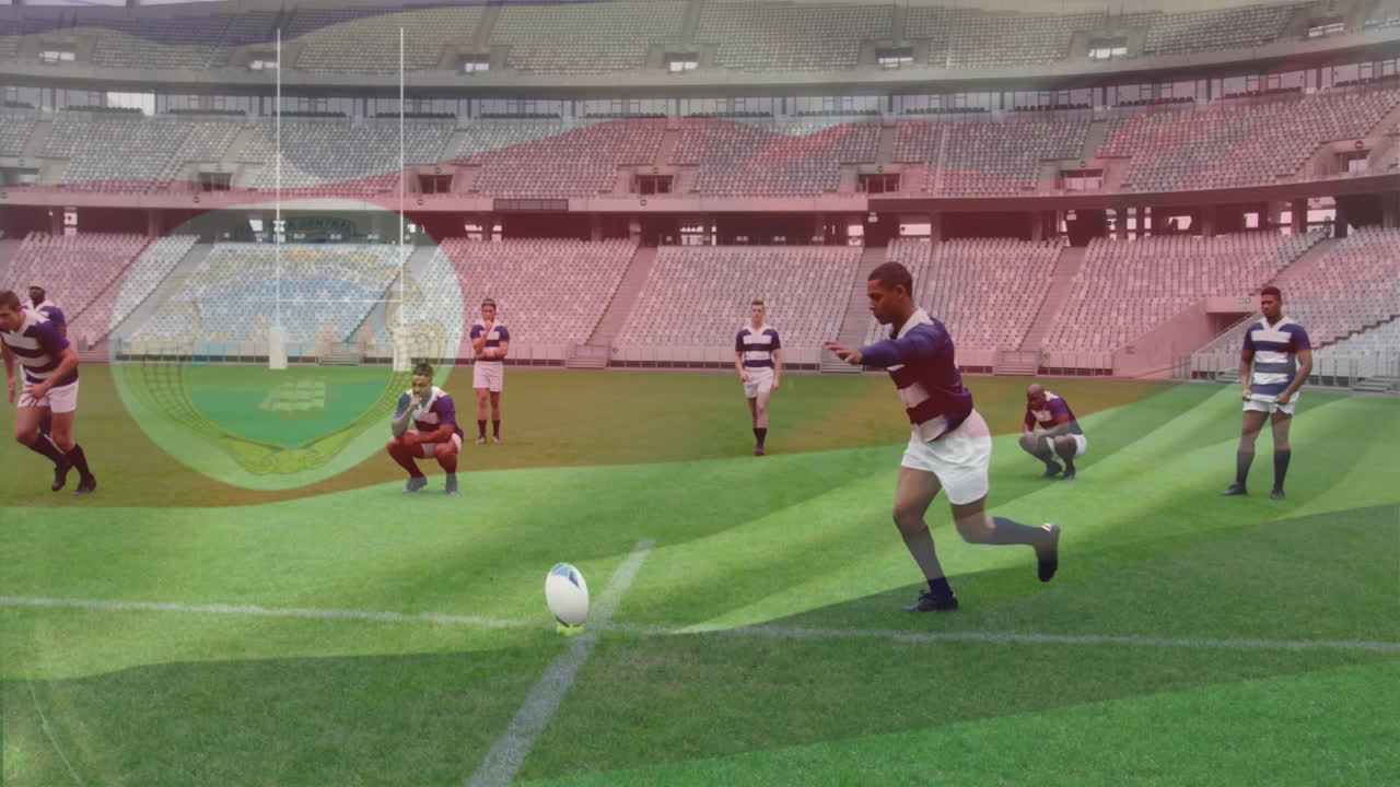 On field, rugby players in action with animation of globe overlaying scene