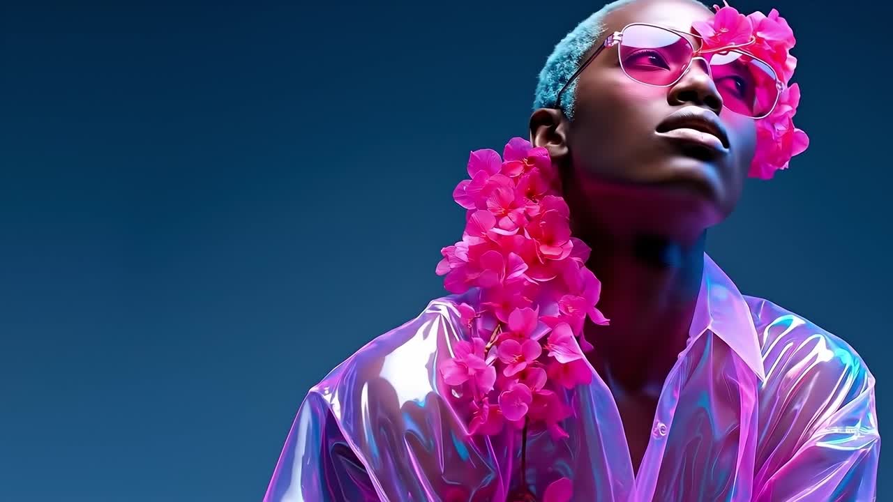 A woman wearing pink sunglasses and a pink flower crown