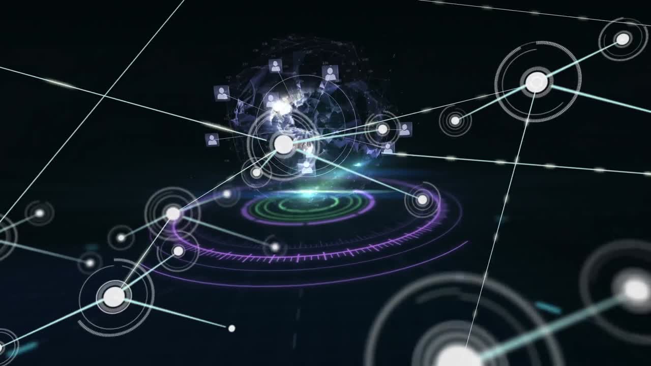 Network of connections against spinning globe over round scanner on black background