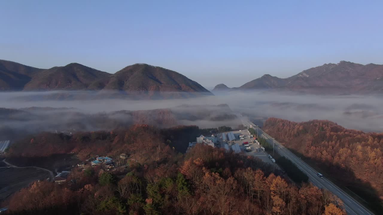 안개가 자욱한 가을 고속도로 장면