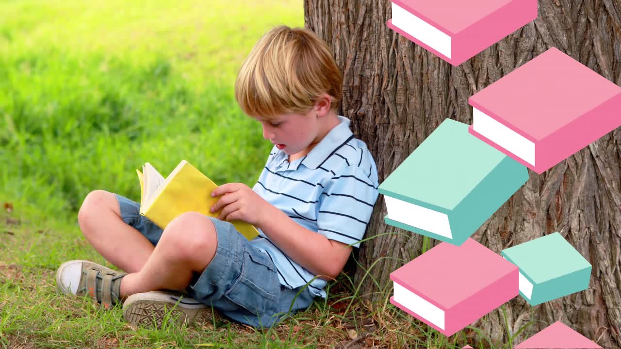 Animazione di libri che si muovono su un ragazzo che legge un libro appoggiato a un albero