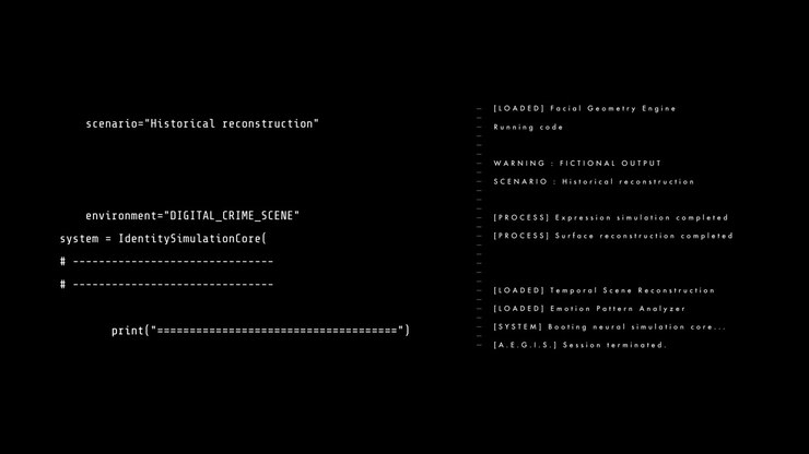 A split-screen computer interface executing python code loops for synthetic presence generation and forensic neural simulation output tracking.