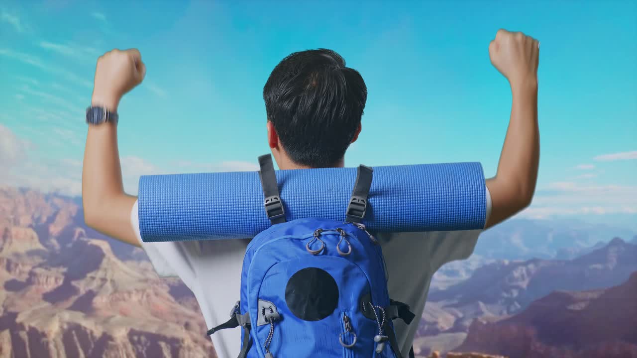 Close Up Back View Of A Male Hiker With Mountaineering Backpack Screaming Goal Celebrating The Success While Traveling At The Top Of Mountain