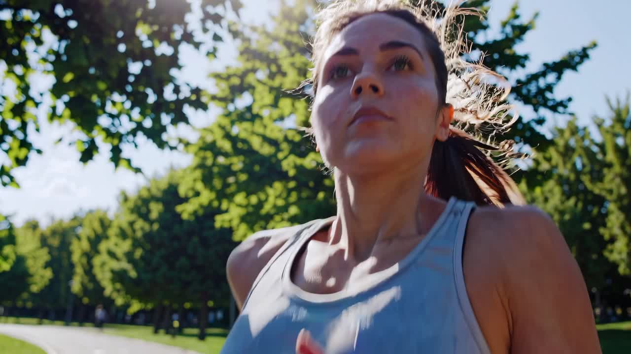 Videooptagelse i frøperspektiv af en kvinde, der jogger i en park, og fanger beslutsomhed og bevægelse