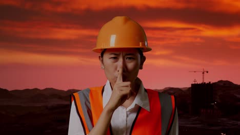 trabajador de la construcción señalando silencio al atardecer