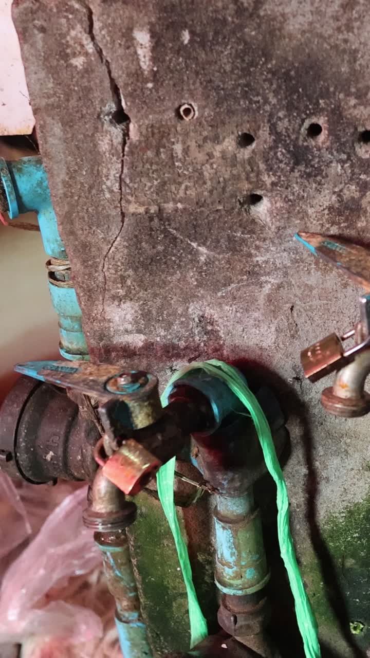 secuencia que muestra agua que se filtra de tuberías oxidadas