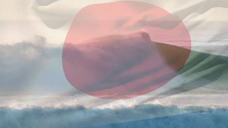 Digitale-Komposition-Der-Schwenkenden-Japanischen-Flagge-Gegen-Wellen-Im-Meer