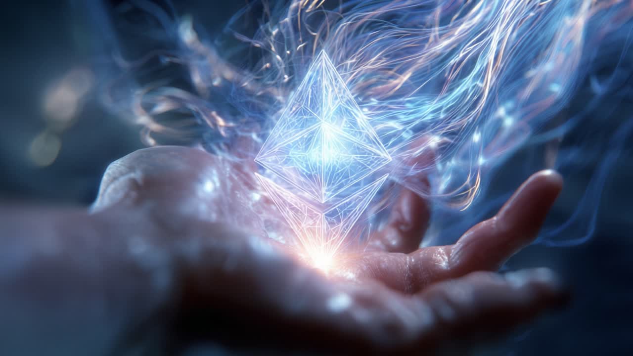 Close up of a human hand holding a glowing and swirling blue Ethereum cryptocurrency symbol. Representing the future of digital finance. Blockchain technology. Mining. And decentralized applications