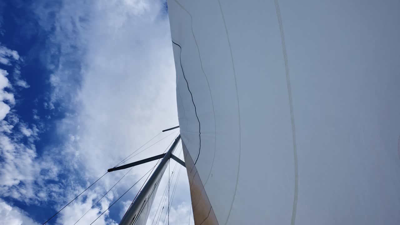Dynamisk billede nedefra af yachtmast og sejl, der bevæger sig i vinden under en skyet himmel