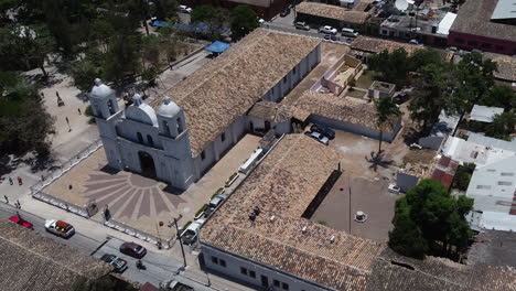 Old-Catholic-church-architecture-and-brick-plaza-design,-Honduras