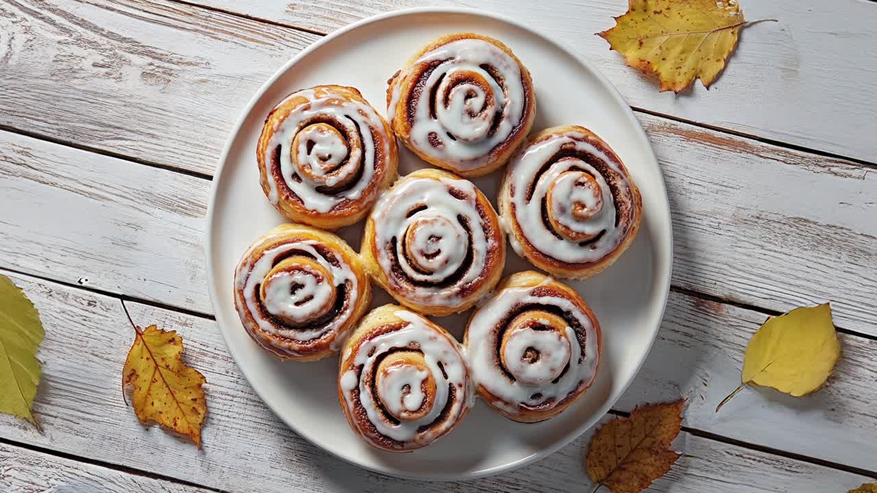 тарелка теплых коричневых рулонов с глазурой и осенними листьями