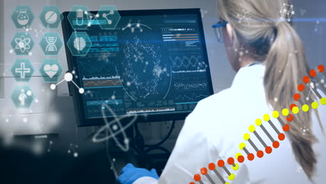 DNA and chemical structures moving against female scientist using computer