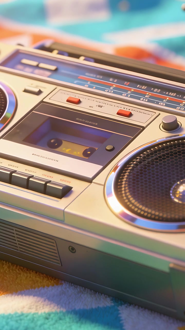 Video verticale: La telecamera panoramica si concentra su un boombox retrò su un telo da spiaggia, rivelando una cassetta.