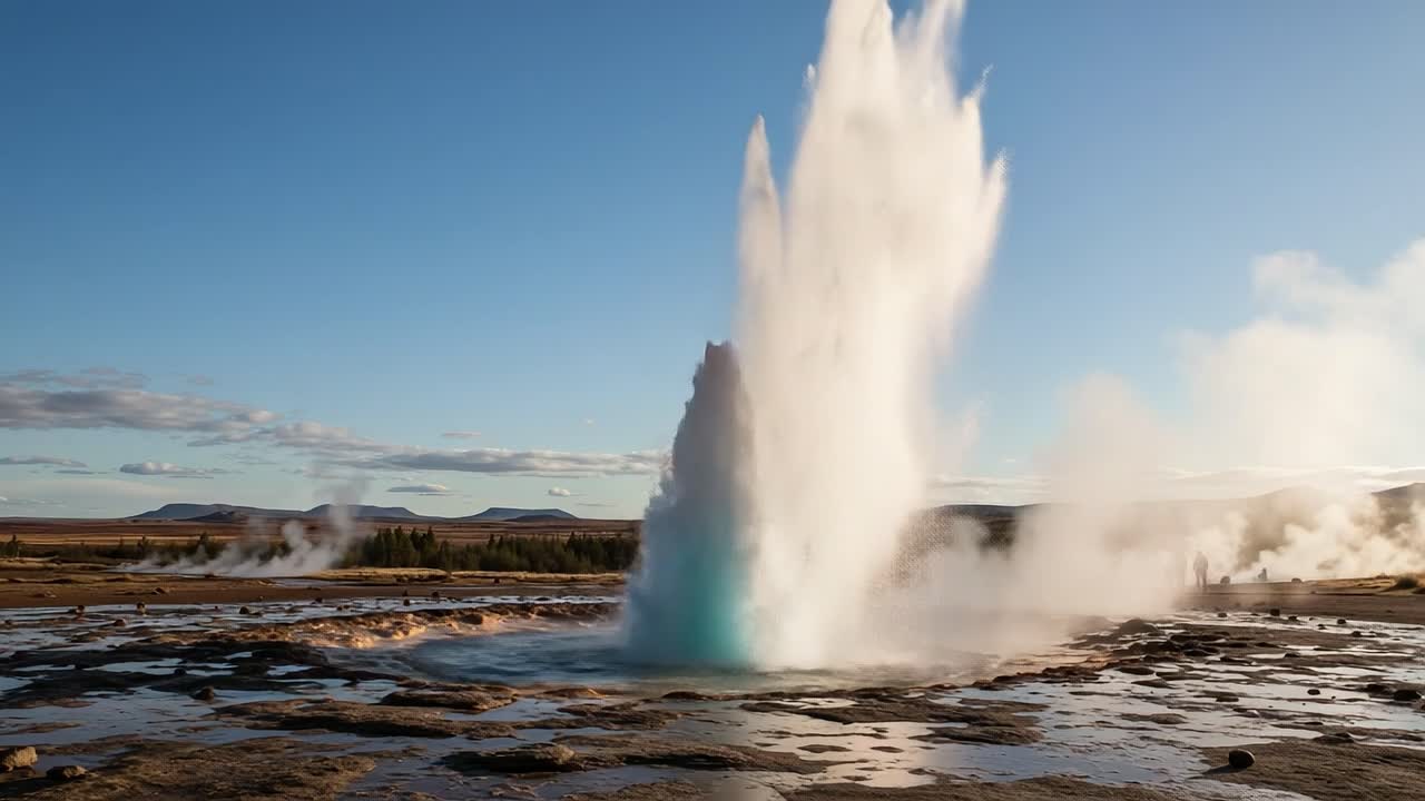 Majestic Geyser Erupting in a Natural Landscape Showcasing the Power of Geothermal Activity, Surrounded by Steam and Scenic Terrain