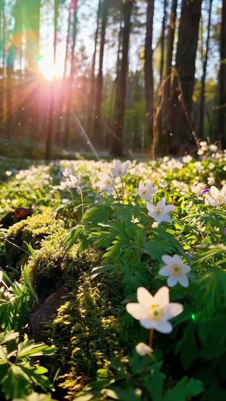 Low-angle video of sunlit forest floor with blooming flowers, capturing serene nature vibes, Live