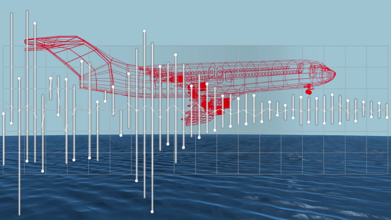 трехмерный технический чертеж самолета с обработкой данных над морем на заднем плане