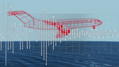 dibujo técnico de avión 3d con procesamiento de datos sobre el mar en el fondo