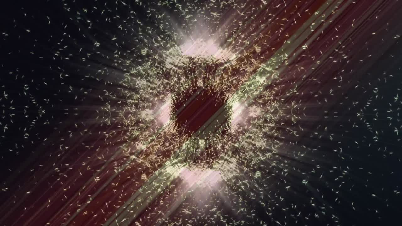 Animation of glowing white particles moving in circular motion over flickering light beams, on black
