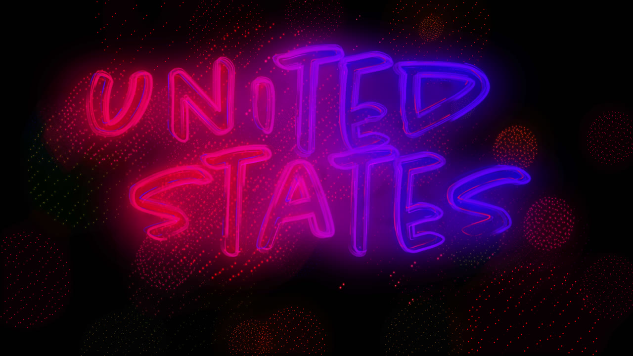 animación de estados unidos texto y fuegos artificiales en fondo negro