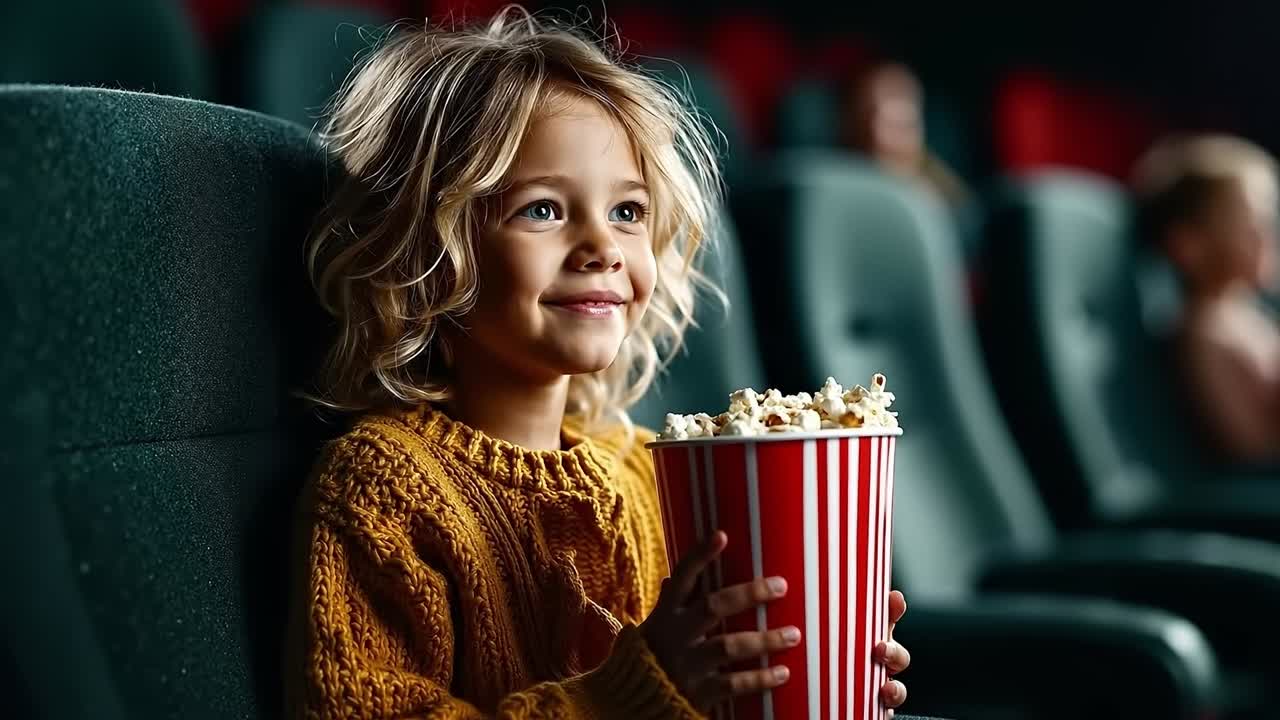 A little girl sitting in a movie theater holding a bucket of popcorn