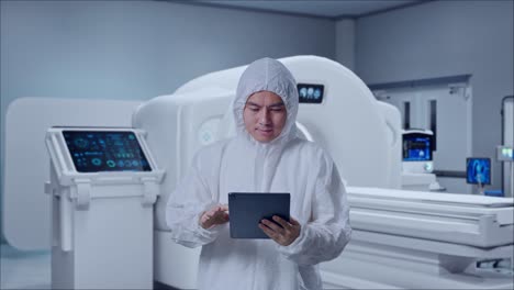asian male scientist using a tablet while standing with mri machine in the hospital