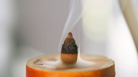 close-up of flower bud-shaped agarwood incense burning, unveiling a delicate dance of gentle smoke