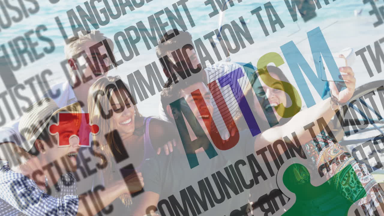 여름 해변 파티에서 행복한 친구들 위에 다채로운 퍼즐 조각과 자폐증 텍스트의 애니메이션