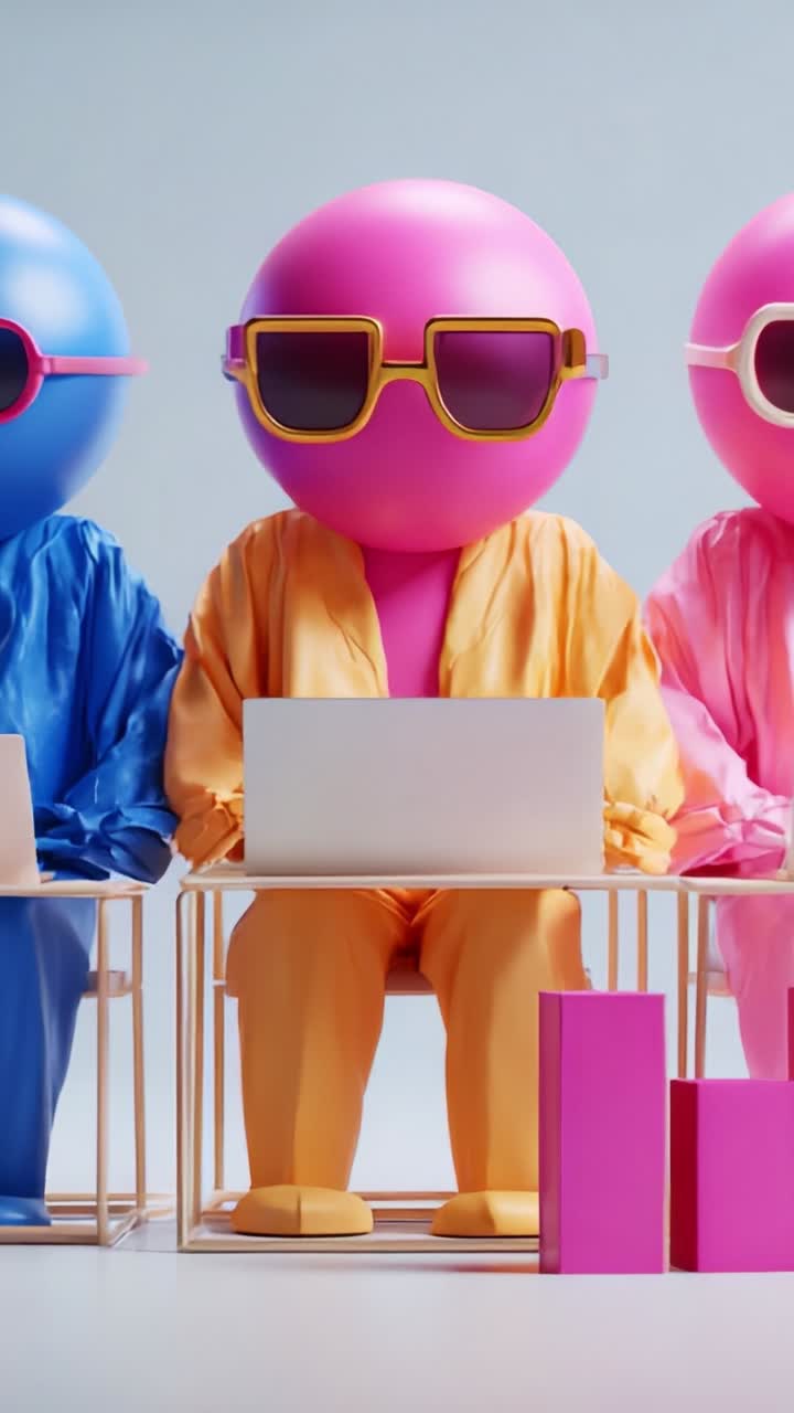 Colorful 3D Characters in Stylish Sunglasses: Digital Workspace Representation of Clicked Figures Engaged with Laptops and Vibrant Aesthetics