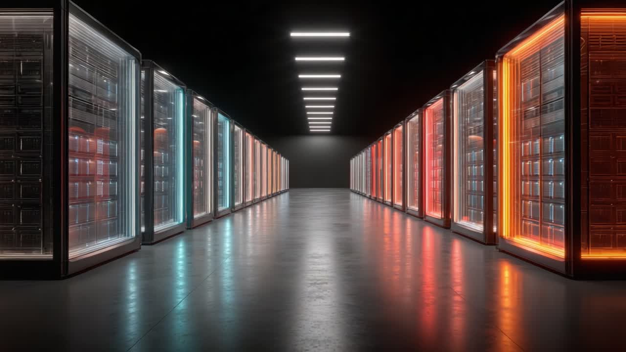 A Futuristic Server Room Displaying Rows of Vibrantly Illuminated Data Storage Units, Emphasizing Cutting-Edge Technology and Network Infrastructure