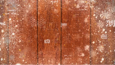 Animation-of-data-processing-over-snowflakes-on-wooden-background