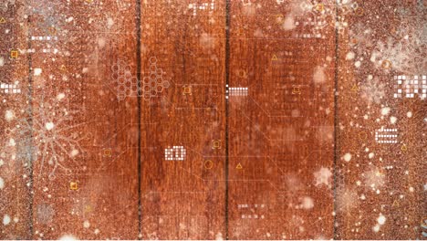 animation of data processing over snowflakes on wooden background