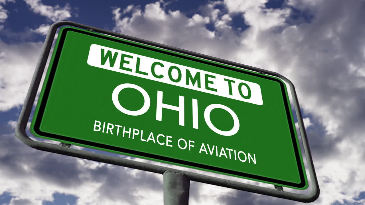 bienvenido a ohio, estado de estados unidos señal de carretera, lugar de nacimiento de la aviación apodo, animación 3d realista