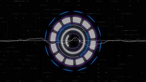 animation of data processing and neon round scanner spinning against black background