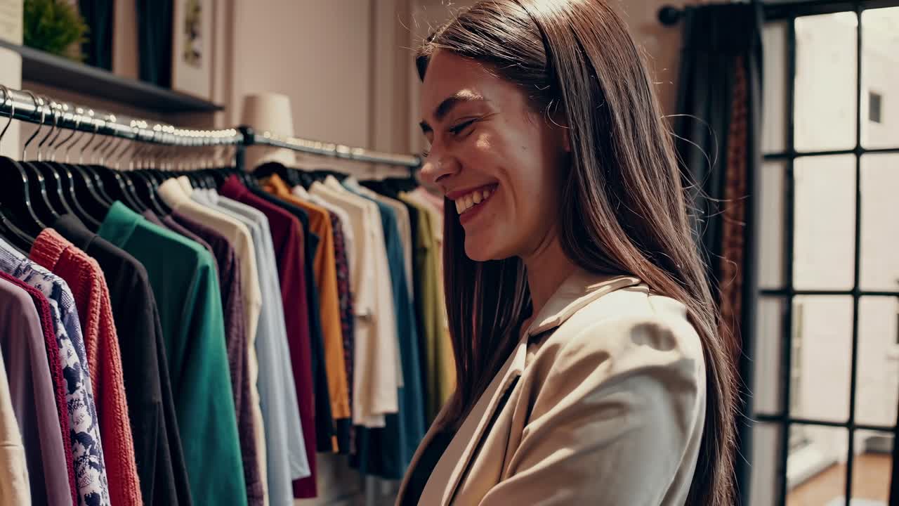 A woman browses colorful clothes on a rack in a boutique