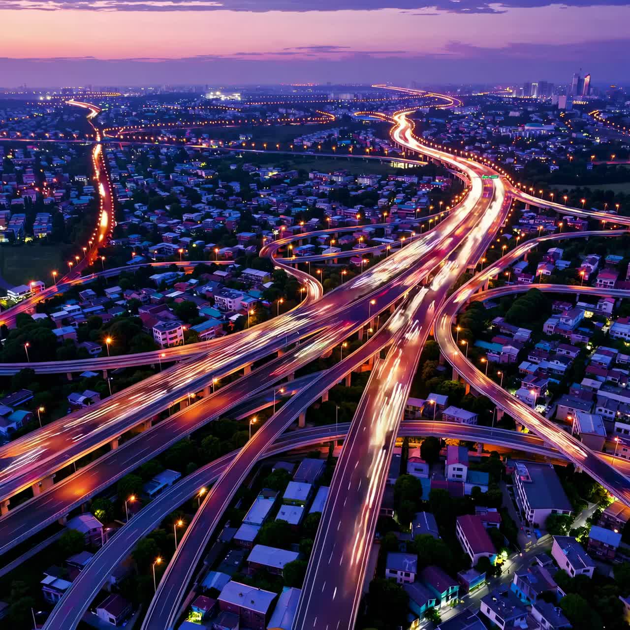 Aerial view of a vibrant cityscape at dusk, showcasing illuminated highways in a dynamic, cinematic