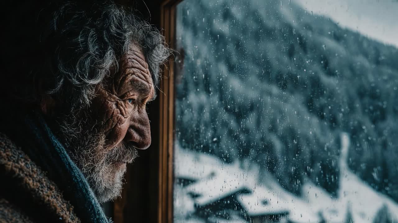 Ein nachdenklicher älterer Mann blickt aus einem regennassen Fenster und reflektiert über das Leben inmitten einer dramatischen Schneelandschaft, was Gefühle von Nostalgie und Ruhe hervorruft.