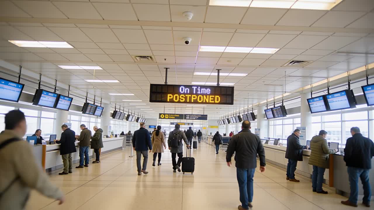 Telecamera che avanza nel terminal dell'aeroporto, passeggero che si dirige al check-in, cartello in alto RIMANDATO.