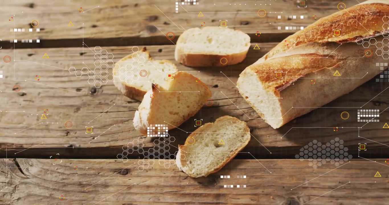 Icone a griglia esagonale che svaniscono su una baguette affettata su un tavolo di legno, pulsando e spostandosi per la scansione dei dati.