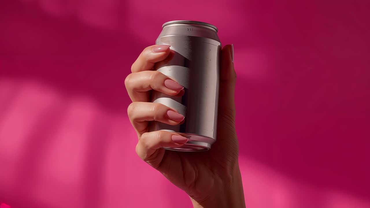 Entering manicured hand holding and rotating aluminum can against pink backdrop, showcasing shine