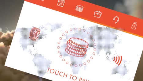 Animation-of-biometric-pay-icons-over-world-map-and-clouds