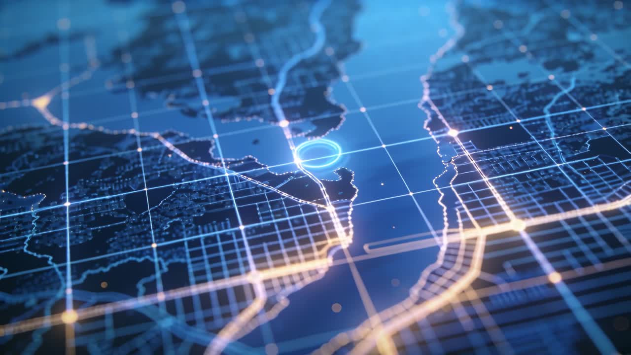 Appearing pulsating blue marker drawing camera closer over holo grid showing data flow on routes