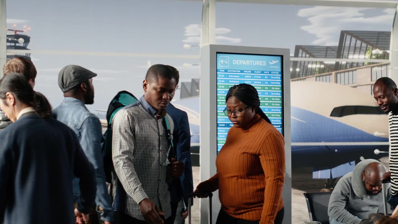 Diverse tourists with trolleys in airport checking flight status information