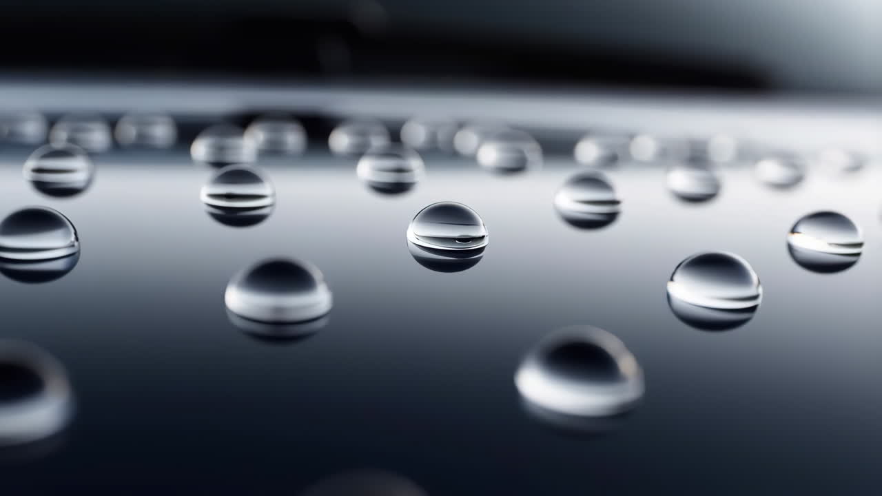 Macro View of Clear Water Droplets on a Dark Reflective Surface