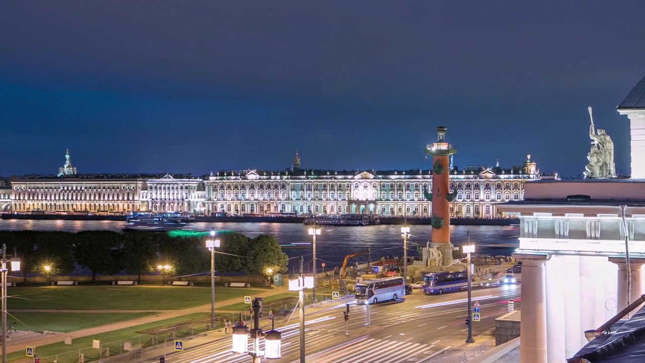 Luftfoto timelapse, der viser Paladsets havnefront, rostralsøjlen og baggrunden af Frelserkirken på Spildt Blod. Set fra et tag, et fængslende perspektiv af Sankt Petersborg, Rusland.